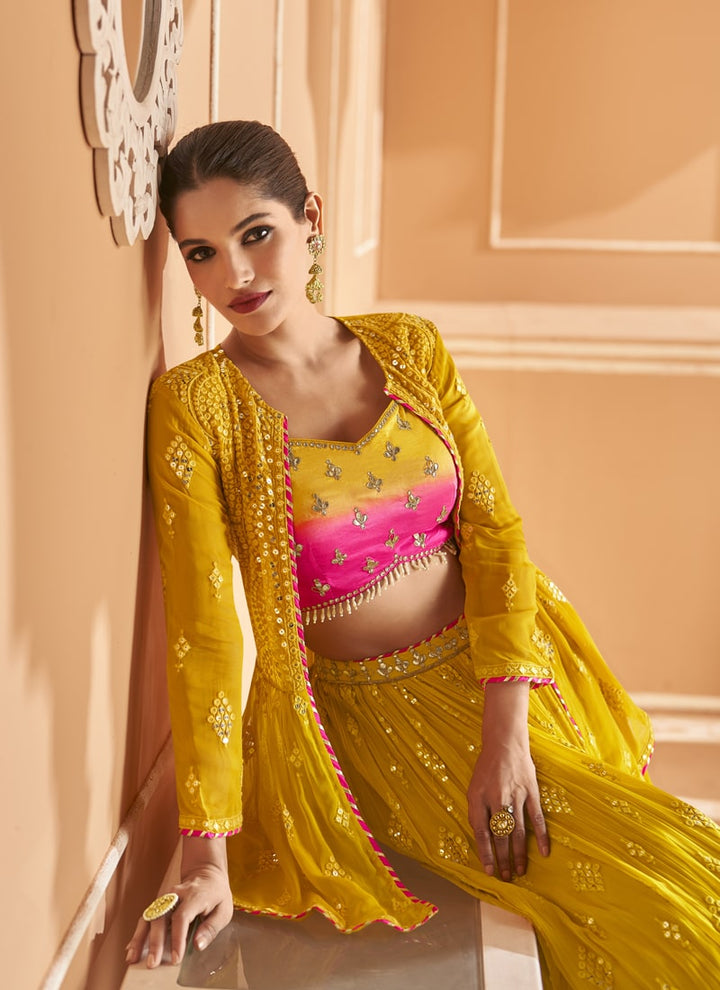Lassya fashion's Mustard Yellow Indo Western Crop top with Skirt And Jacket