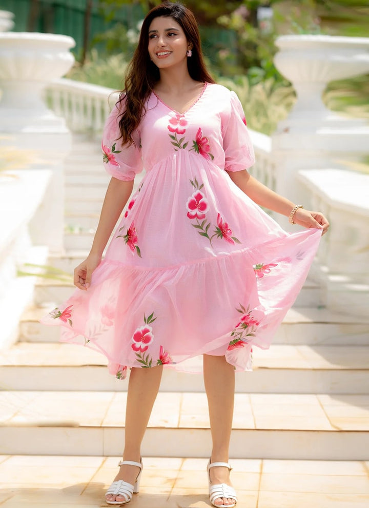 Lassya fashion Pink Chic Floral Printed Short Kurtis with Flair