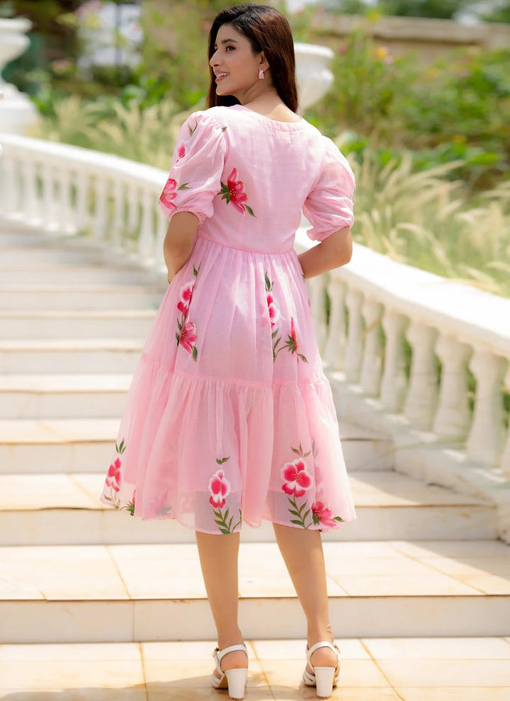 Lassya fashion Pink Chic Floral Printed Short Kurtis with Flair