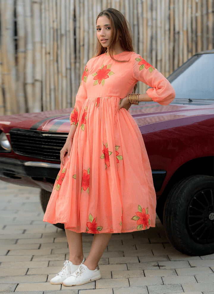 Lassya fashion Peach Orange Chic Floral Printed Short Kurtis with Flair