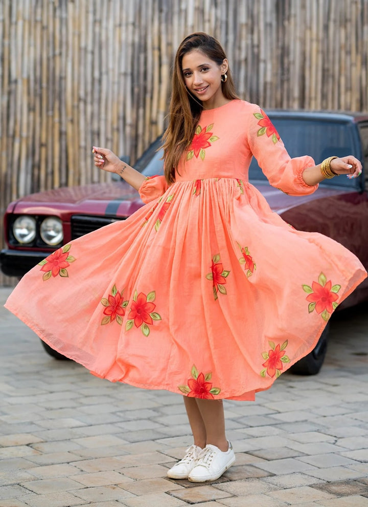 Lassya fashion Peach Orange Chic Floral Printed Short Kurtis with Flair
