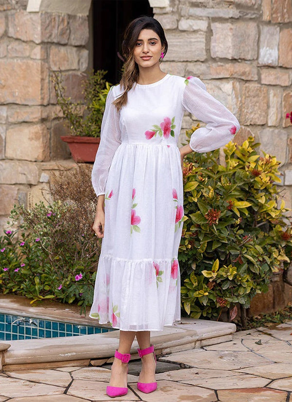 Lassya fashion White Chic Floral Printed Short Kurtis with Flair