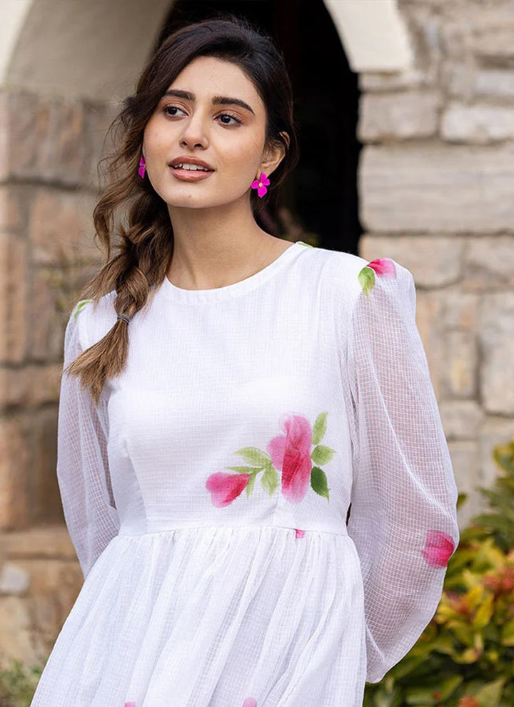 Lassya fashion White Chic Floral Printed Short Kurtis with Flair