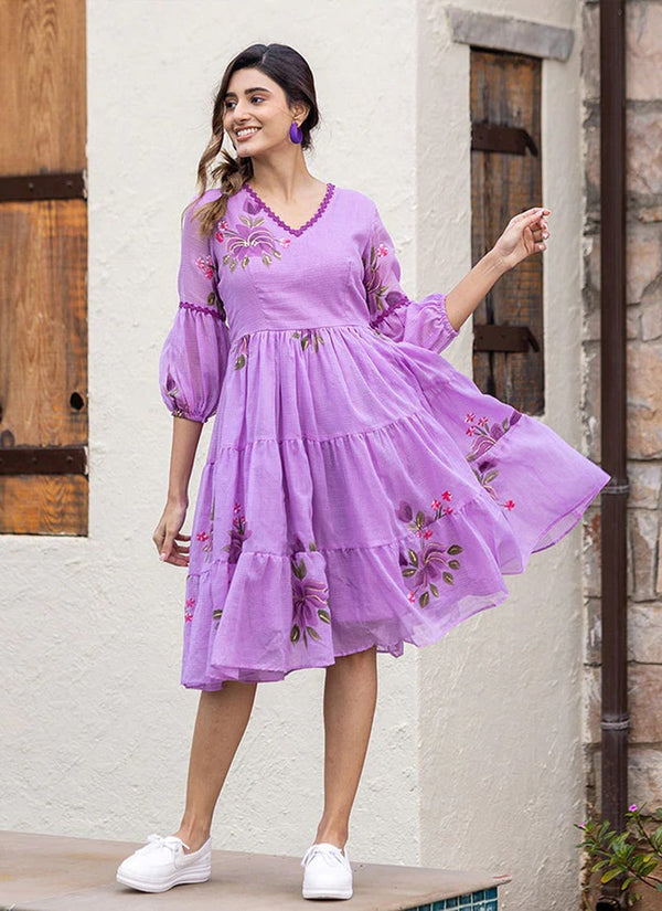 Lassya fashion Purple Lavender Chic Floral Printed Short Kurtis with Flair