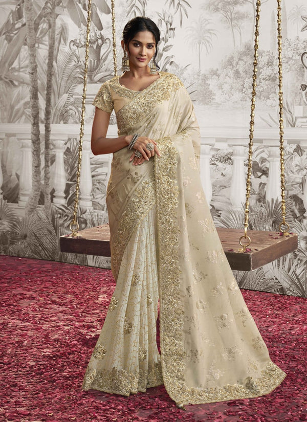 Lassya fashion Beige Cream Exquisite Wedding Wear Saree with Zari Embroidery
