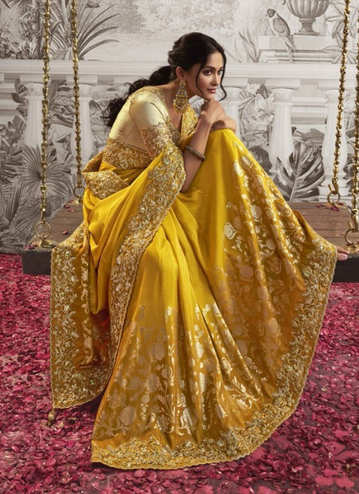 Lassya fashion Sunrise Yellow Exquisite Wedding Wear Saree with Zari Embroidery