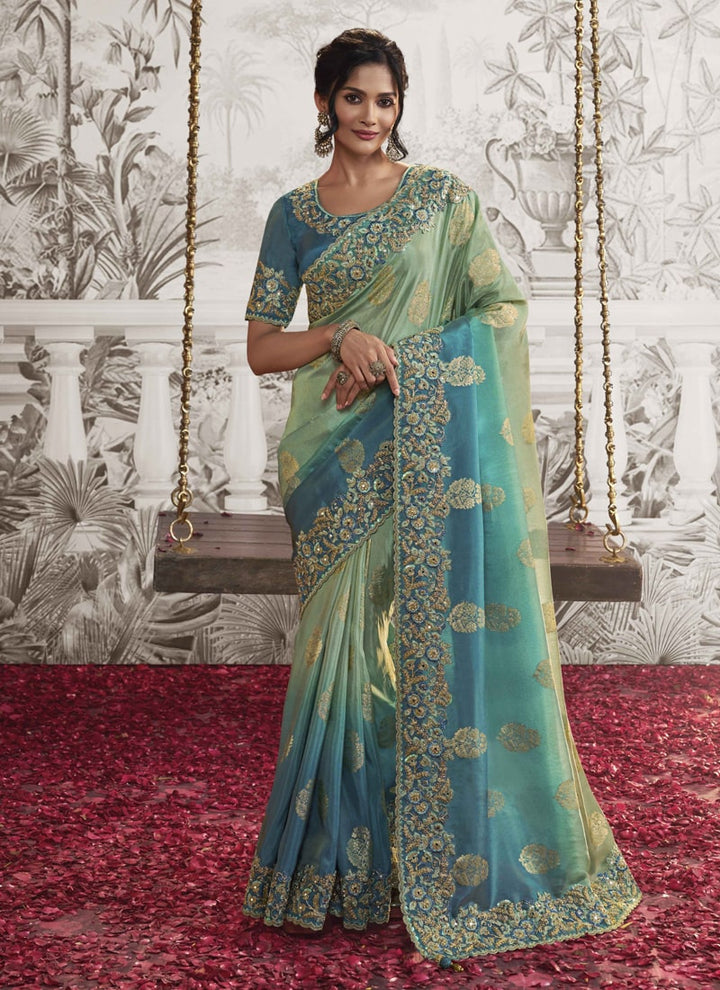 Lassya fashion Teal Green Exquisite Wedding Wear Saree with Zari Embroidery