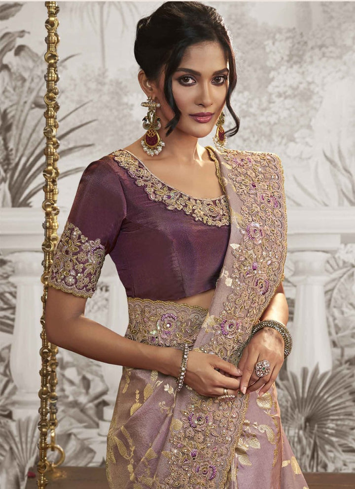 Lassya fashion Light Purple Exquisite Wedding Wear Saree with Zari Embroidery