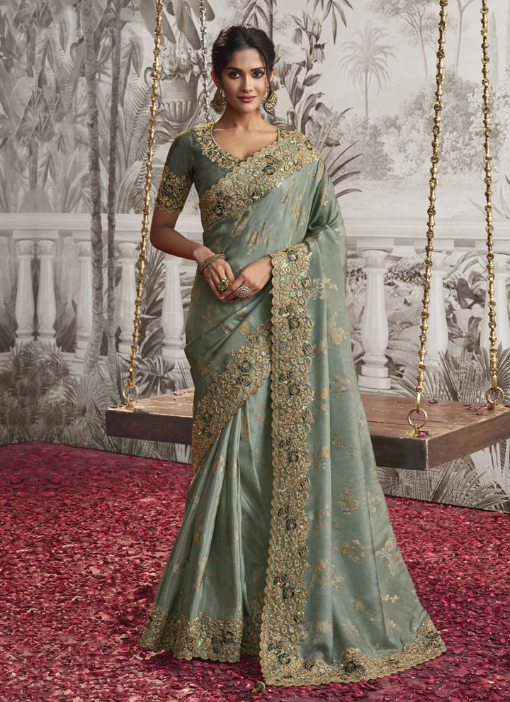 Lassya fashion Dusty Green Exquisite Wedding Wear Saree with Zari Embroidery