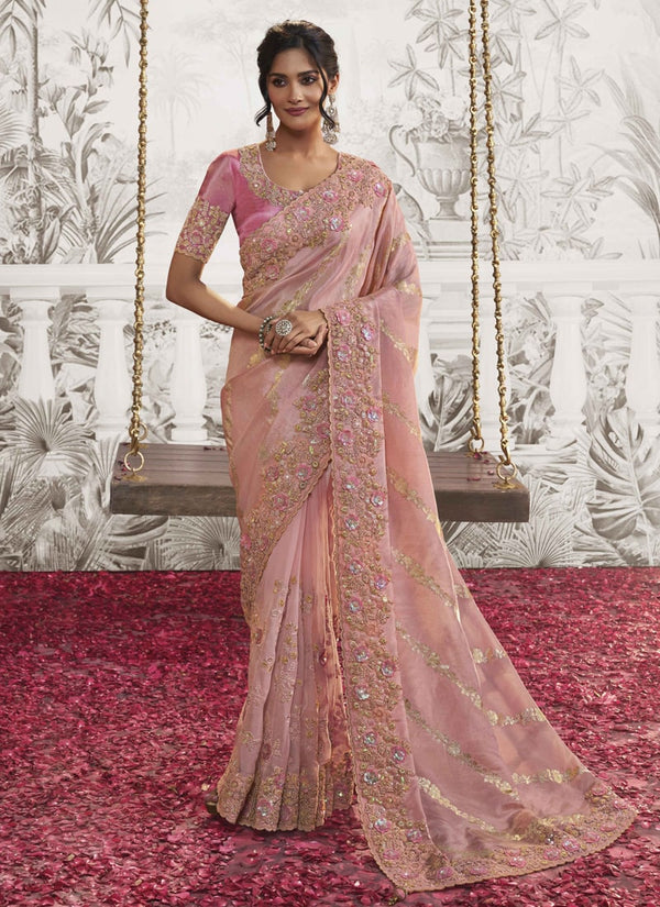 Lassya fashion Baby Pink Exquisite Wedding Wear Saree with Zari Embroidery