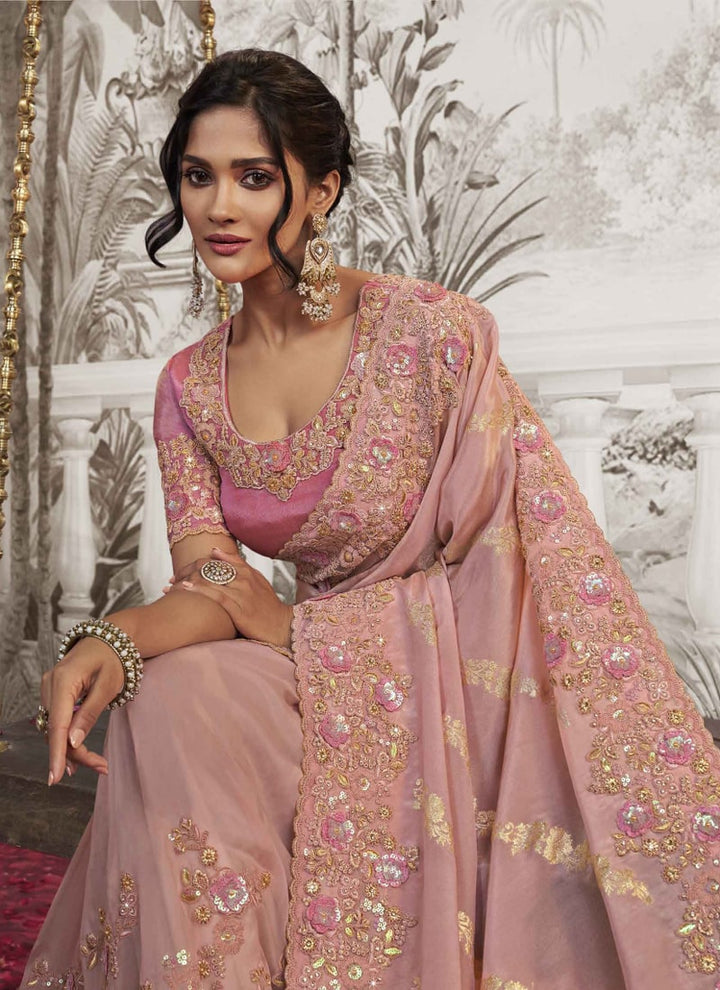 Lassya fashion Baby Pink Exquisite Wedding Wear Saree with Zari Embroidery