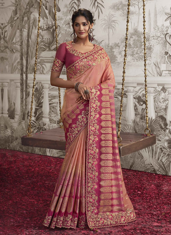 Lassya fashion Peach Pink Exquisite Wedding Wear Saree with Zari Embroidery