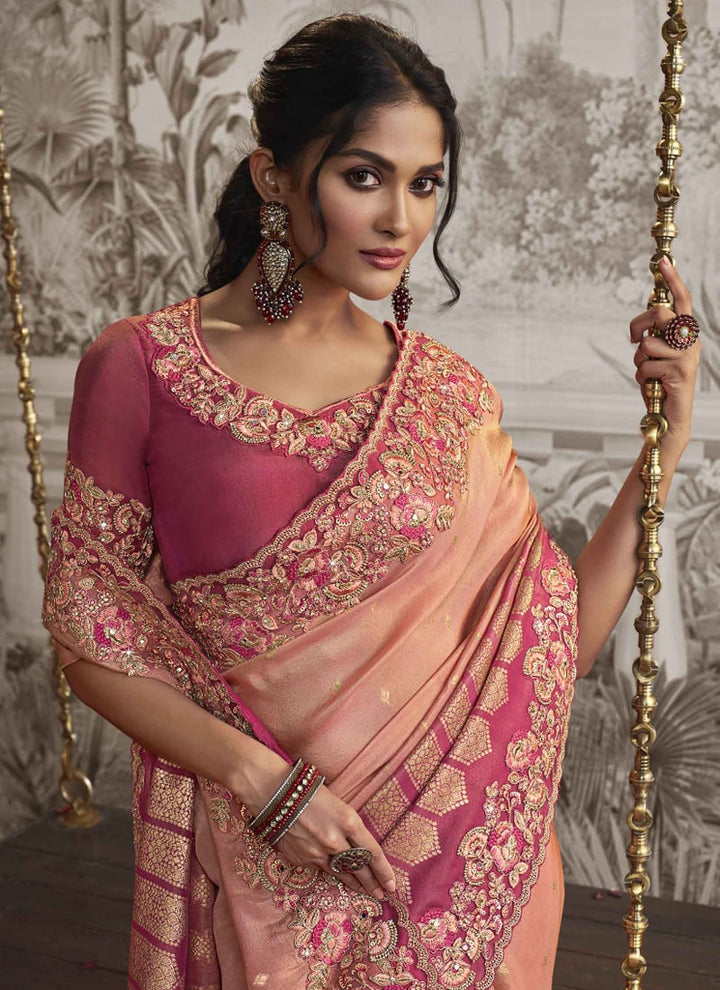 Lassya fashion Peach Pink Exquisite Wedding Wear Saree with Zari Embroidery