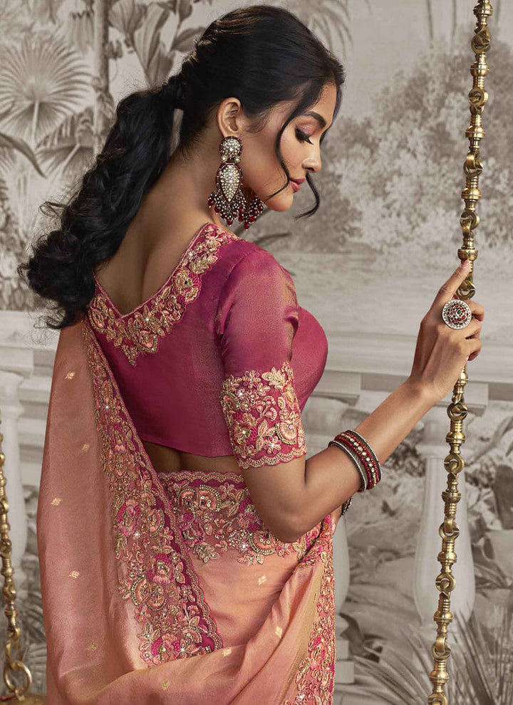 Lassya fashion Peach Pink Exquisite Wedding Wear Saree with Zari Embroidery