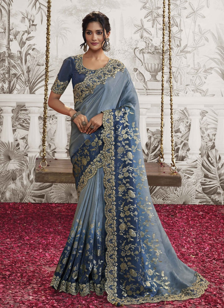 Lassya fashion Flint Grey Exquisite Wedding Wear Saree with Zari Embroidery