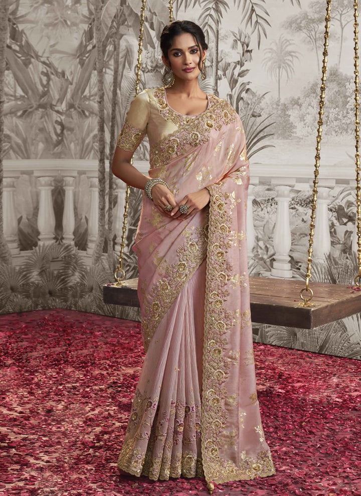 Lassya fashion Peach Orange Exquisite Wedding Wear Saree with Zari Embroidery