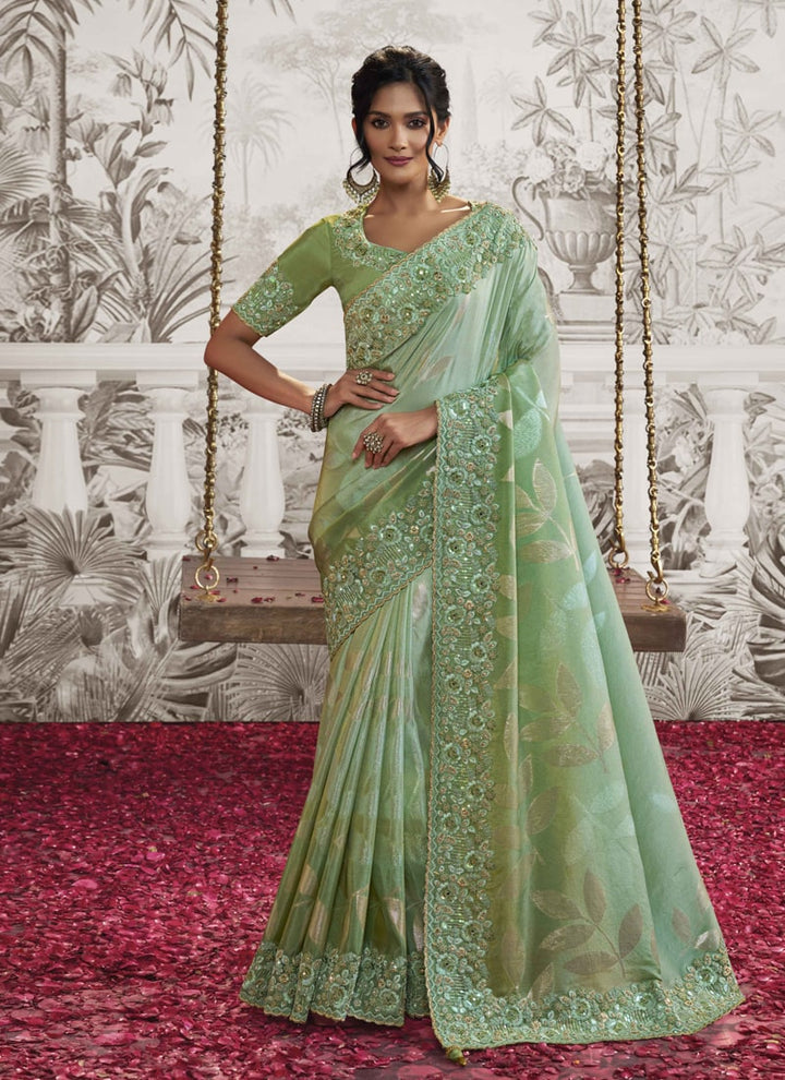 Lassya fashion Pista Green Exquisite Wedding Wear Saree with Zari Embroidery