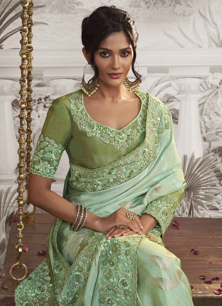 Lassya fashion Pista Green Exquisite Wedding Wear Saree with Zari Embroidery