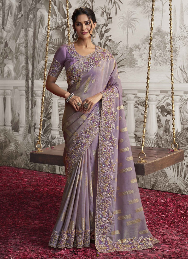 Lassya fashion Onion Wine Exquisite Wedding Wear Saree with Zari Embroidery