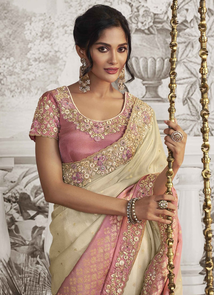 Lassya fashion Pink And Cream Exquisite Wedding Wear Saree with Zari Embroidery