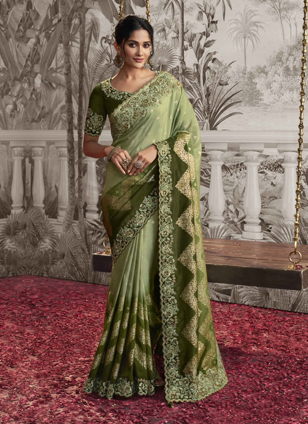 Lassya fashion Olive And Pista Green Exquisite Wedding Wear Saree with Zari Embroidery
