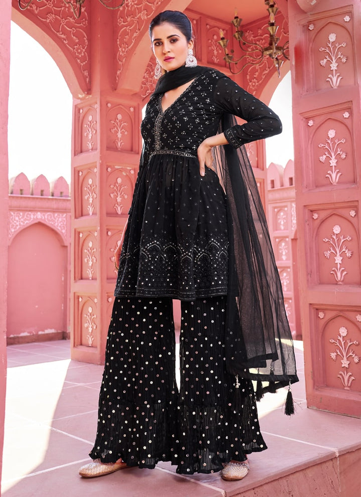 Lassya Fashion Black Elegant Embroidered Georgette Sharara Suit with Net Dupatta
