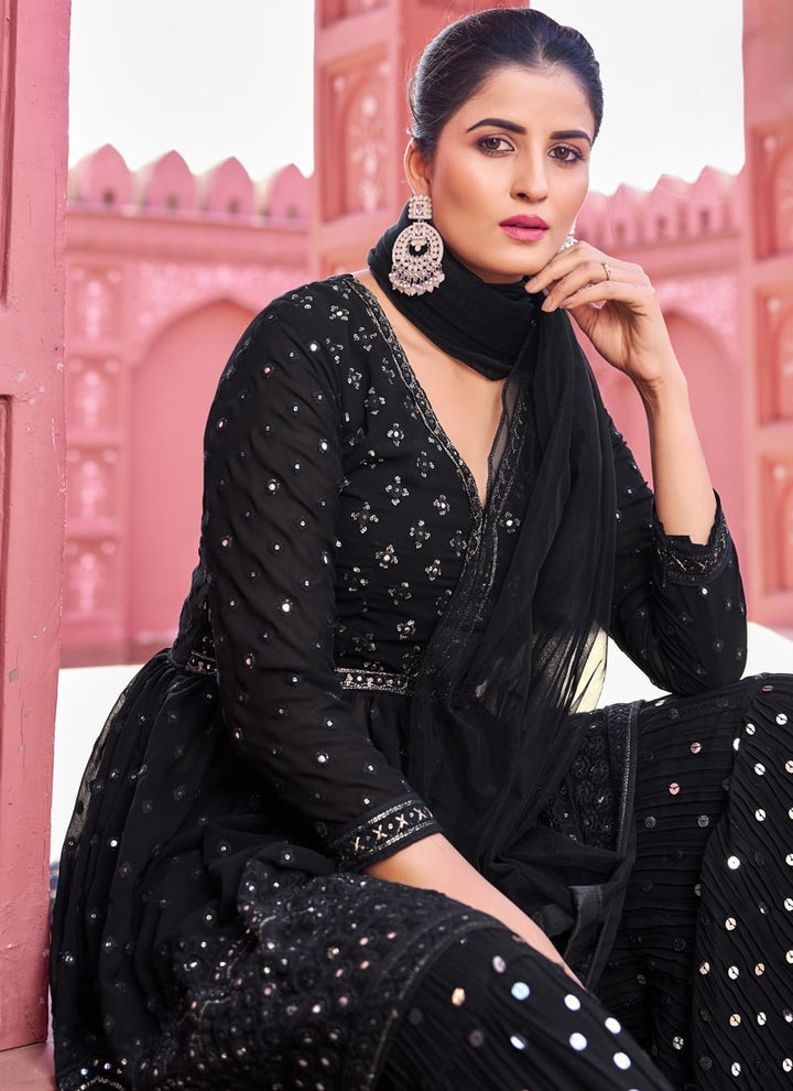 Lassya Fashion Black Elegant Embroidered Georgette Sharara Suit with Net Dupatta