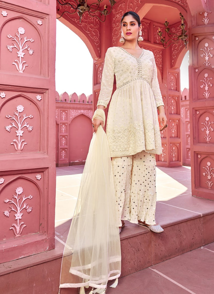 Lassya Fashion Cream Elegant Embroidered Georgette Sharara Suit with Net Dupatta