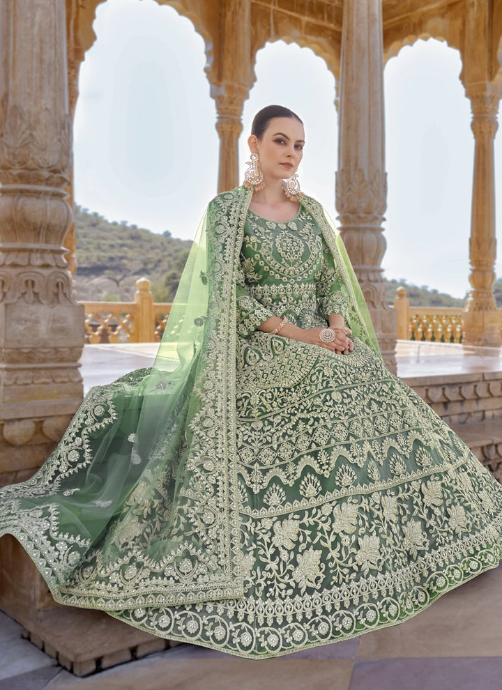 Lassya Fashion Pista Green Exquisite Stone-Embroidered Anarkali Suit in Pure Butterfly Net