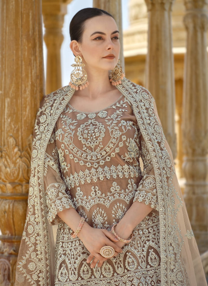 Lassya Fashion Beige Exquisite Stone-Embroidered Anarkali Suit in Pure Butterfly Net