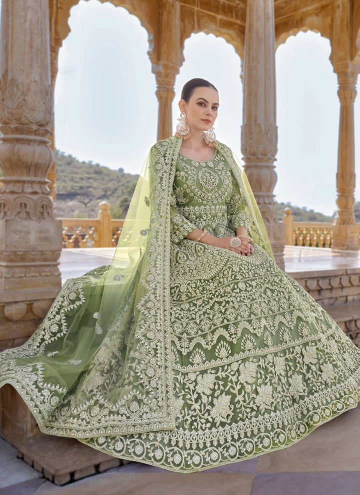 Lassya Fashion Olive Green Exquisite Stone-Embroidered Anarkali Suit in Pure Butterfly Net