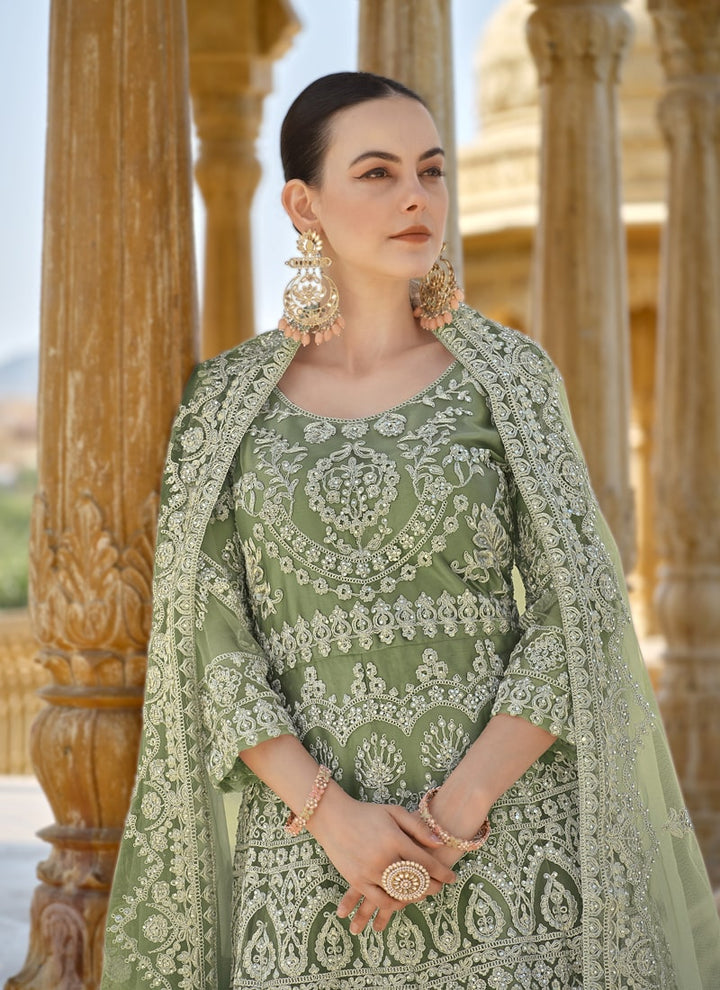 Lassya Fashion Olive Green Exquisite Stone-Embroidered Anarkali Suit in Pure Butterfly Net
