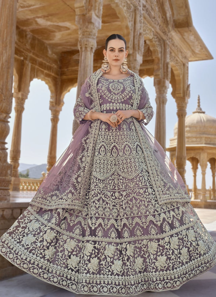 Lassya Fashion Lavender Exquisite Stone-Embroidered Anarkali Suit in Pure Butterfly Net