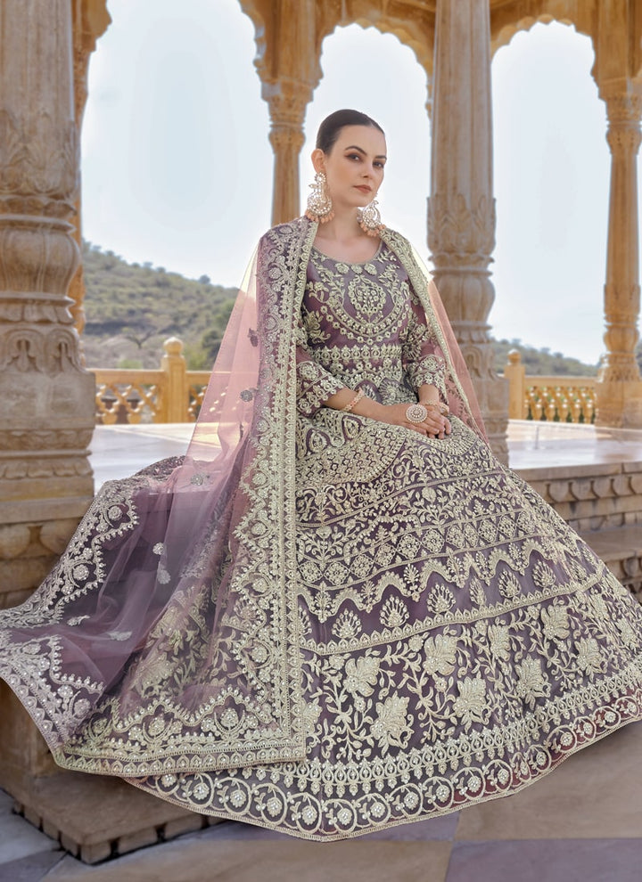 Lassya Fashion Lavender Exquisite Stone-Embroidered Anarkali Suit in Pure Butterfly Net