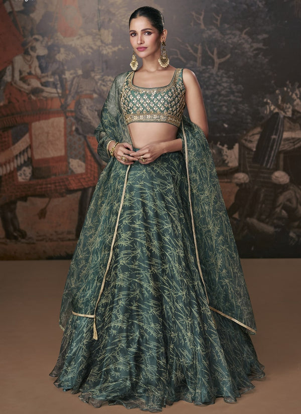 LassyaFashion Pine Green Exquisite Embroidered Organza Silk Lehenga for Wedding Wear