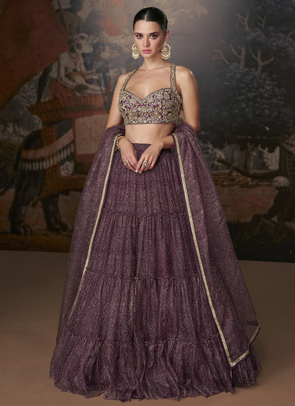 LassyaFashion Purple Wine Exquisite Embroidered Organza Silk Lehenga for Wedding Wear