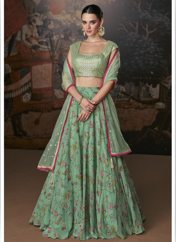 LassyaFashion Sage Green Exquisite Embroidered Organza Silk Lehenga for Wedding Wear