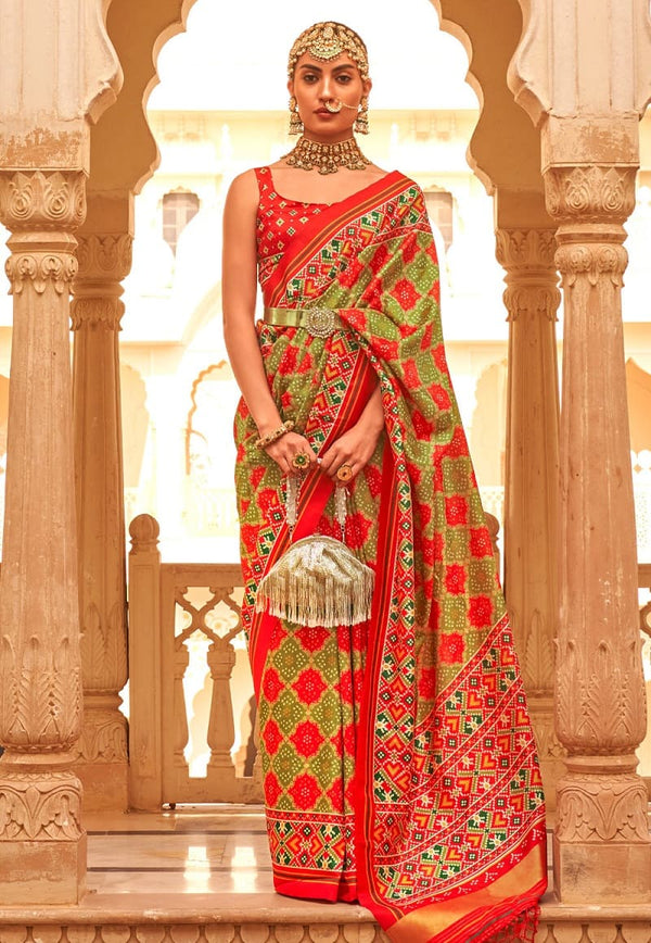 Light Green And Red Designer Patola Silk Saree