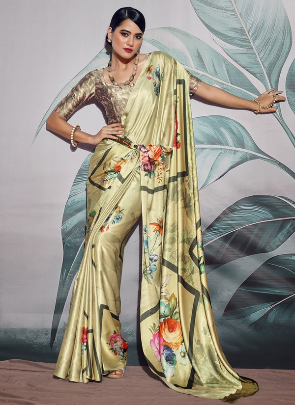 Lassya Fashion Beige Cream Chic Crepe Saree Set with Digital Print