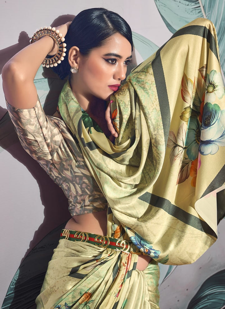 Lassya Fashion Beige Cream Chic Crepe Saree Set with Digital Print