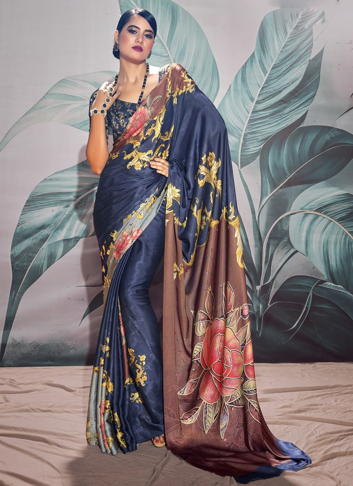 Lassya Fashion Navy Blue Chic Crepe Saree Set with Digital Print