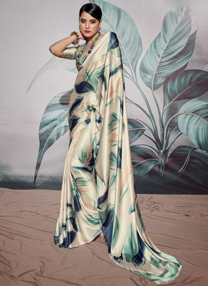 Lassya Fashion Pearl White Chic Crepe Saree Set with Digital Print
