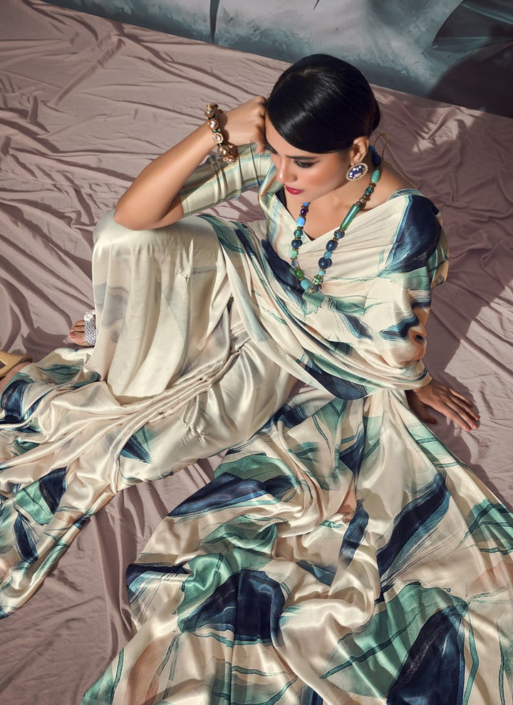 Lassya Fashion Pearl White Chic Crepe Saree Set with Digital Print