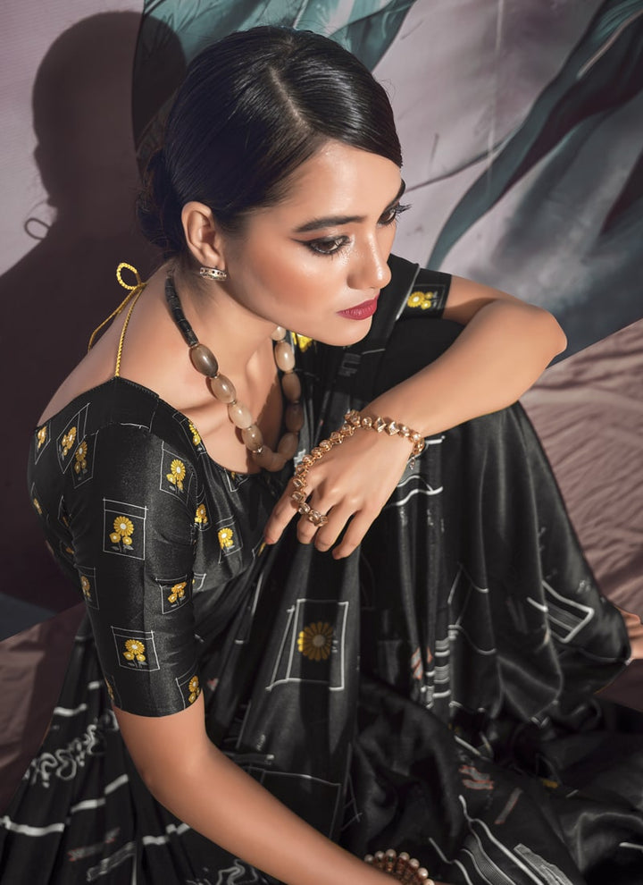 Lassya Fashion Midnight Black Chic Crepe Saree Set with Digital Print