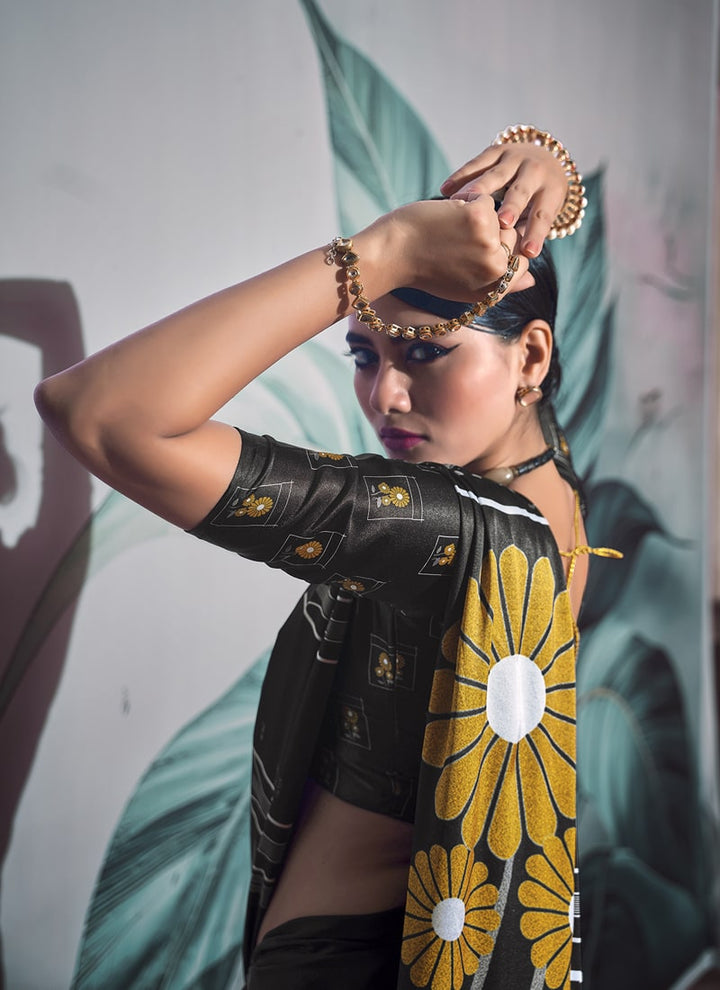 Lassya Fashion Midnight Black Chic Crepe Saree Set with Digital Print