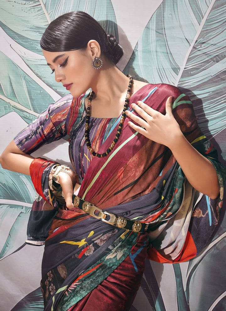 Lassya Fashion MultiColor Vibrant Crepe Saree Set with Contemporary Digital Print