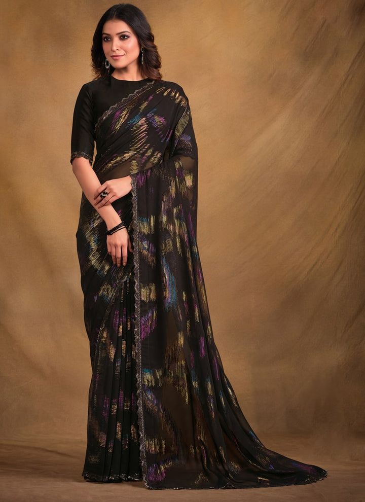 Lassya Fashion Jade Black Chic Party Wear Saree with Handwork Lace Detail