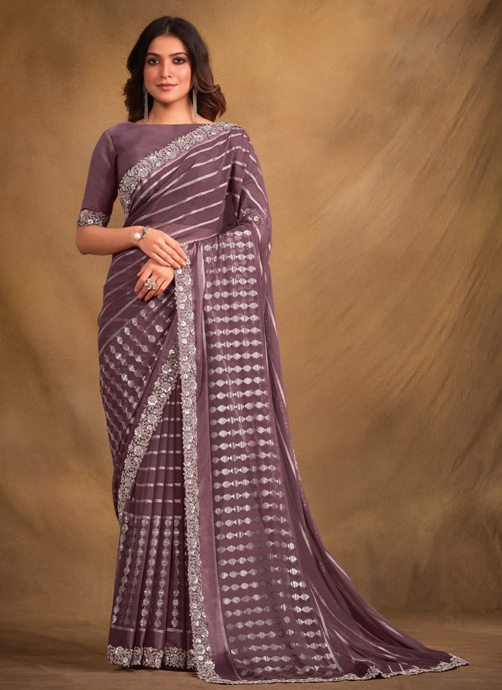 Lassya Fashion Mauve Glamorous Party Wear Saree with Stone Work Embroidery