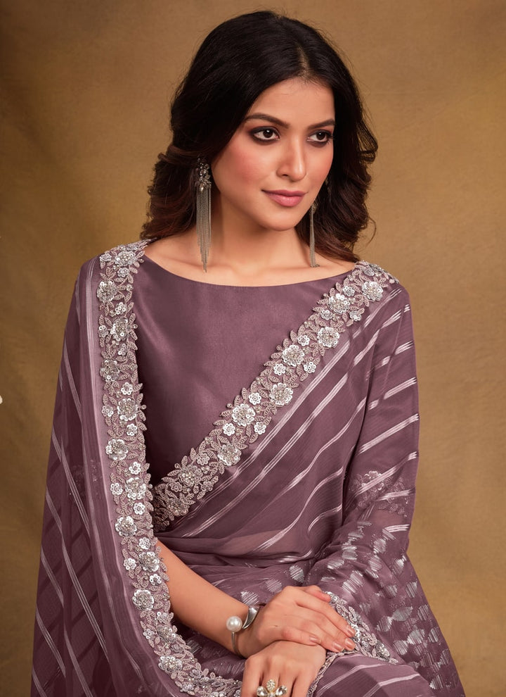 Lassya Fashion Mauve Glamorous Party Wear Saree with Stone Work Embroidery