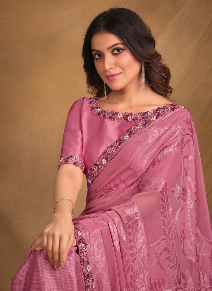 Lassya Fashion Rose Pink Stunning Party Wear Saree with Intricate Embroidery